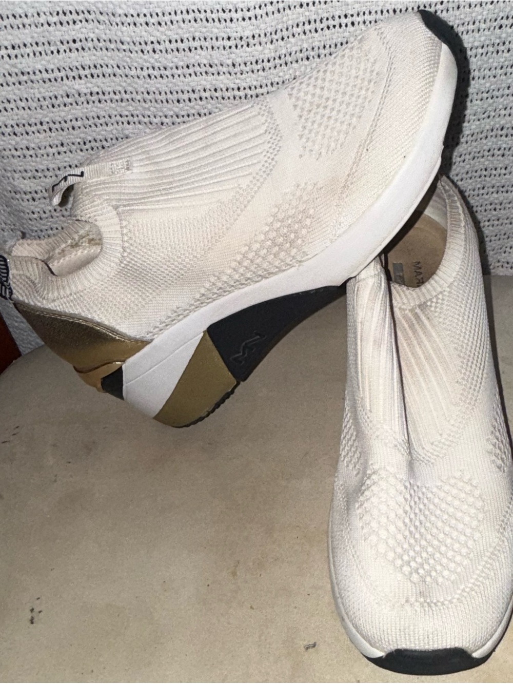 Skechers Cream Knit Slip-On Sneakers with Gold Heel Accent